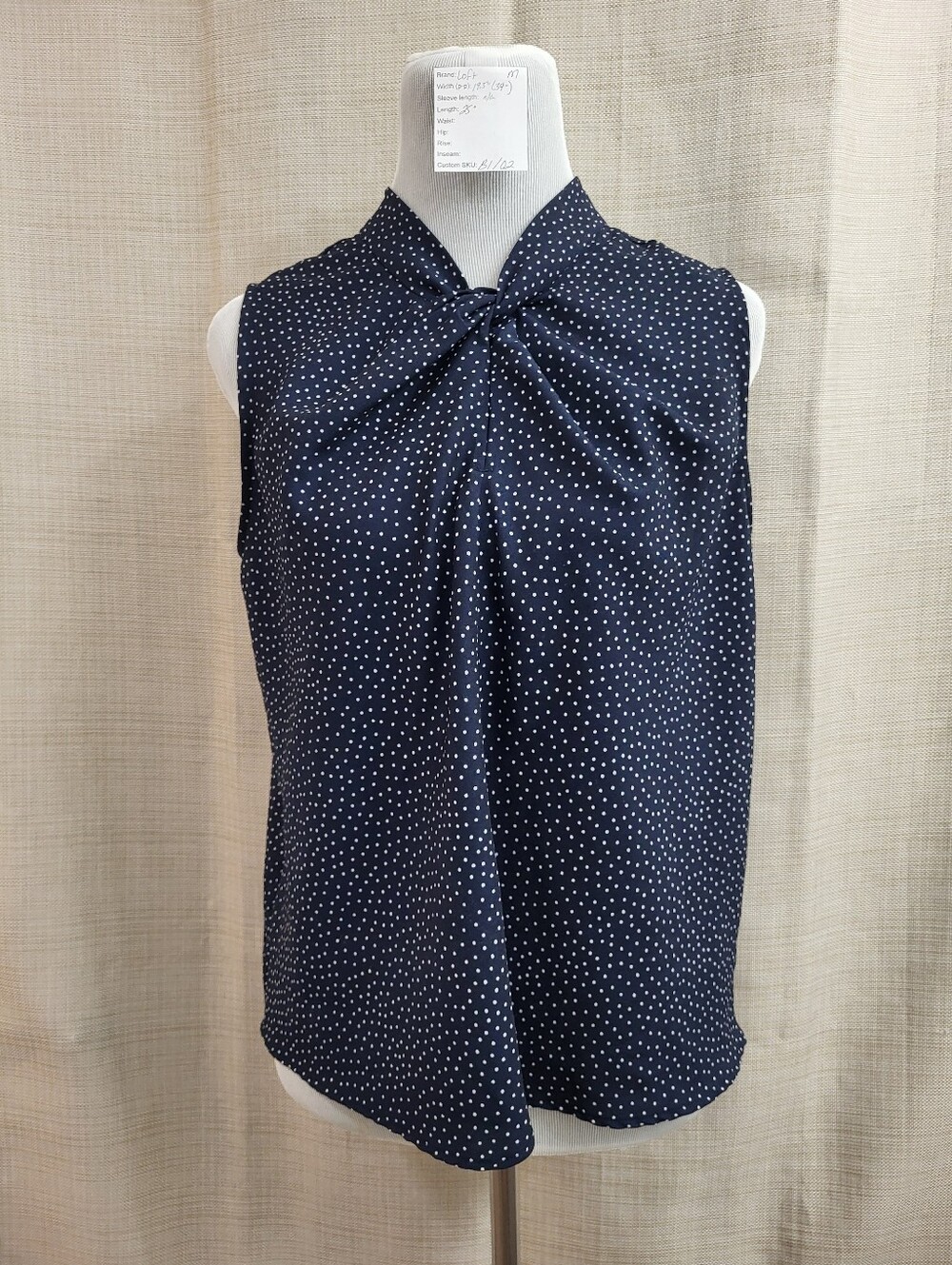 Loft Women's Navy White Sleeveless Polka Dot Twist Shell Blouse Size Medium